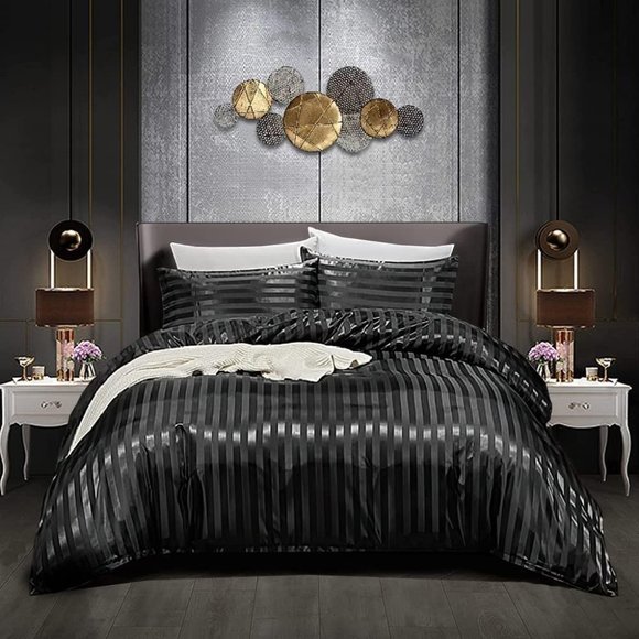 5pcs Black Silk Stripes Soft Comforter Set Sexy Luxury Ultra Soft Microf…